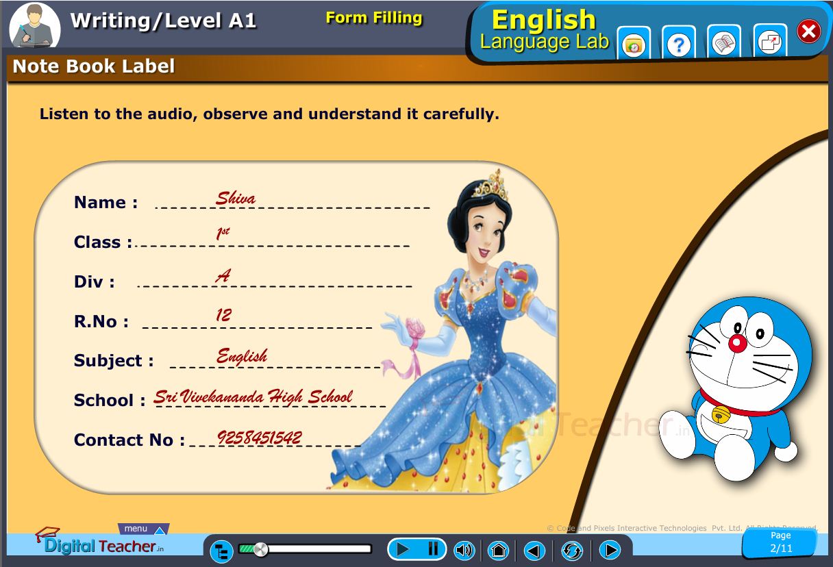 English language lab writing infograhic provides a practical activity for form filling on note book label