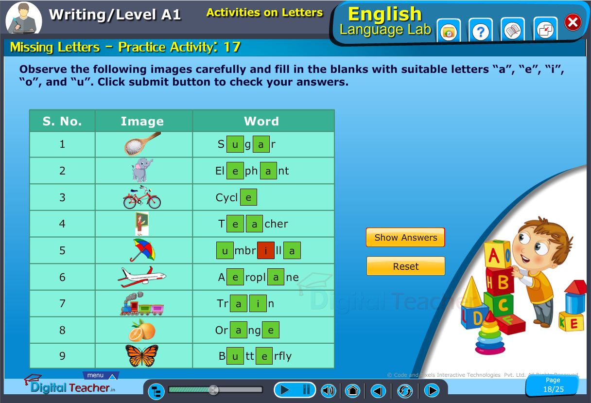 English language lab writing infograhic provides a practical activity on grammar usage by writing missing letters in a word by vowel alphabets with the help of picture