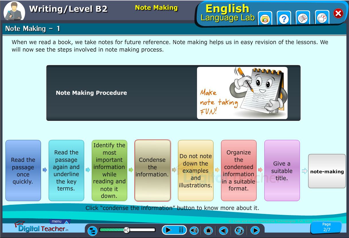 English language lab writing infographic provides activity on steps to be followed for note making