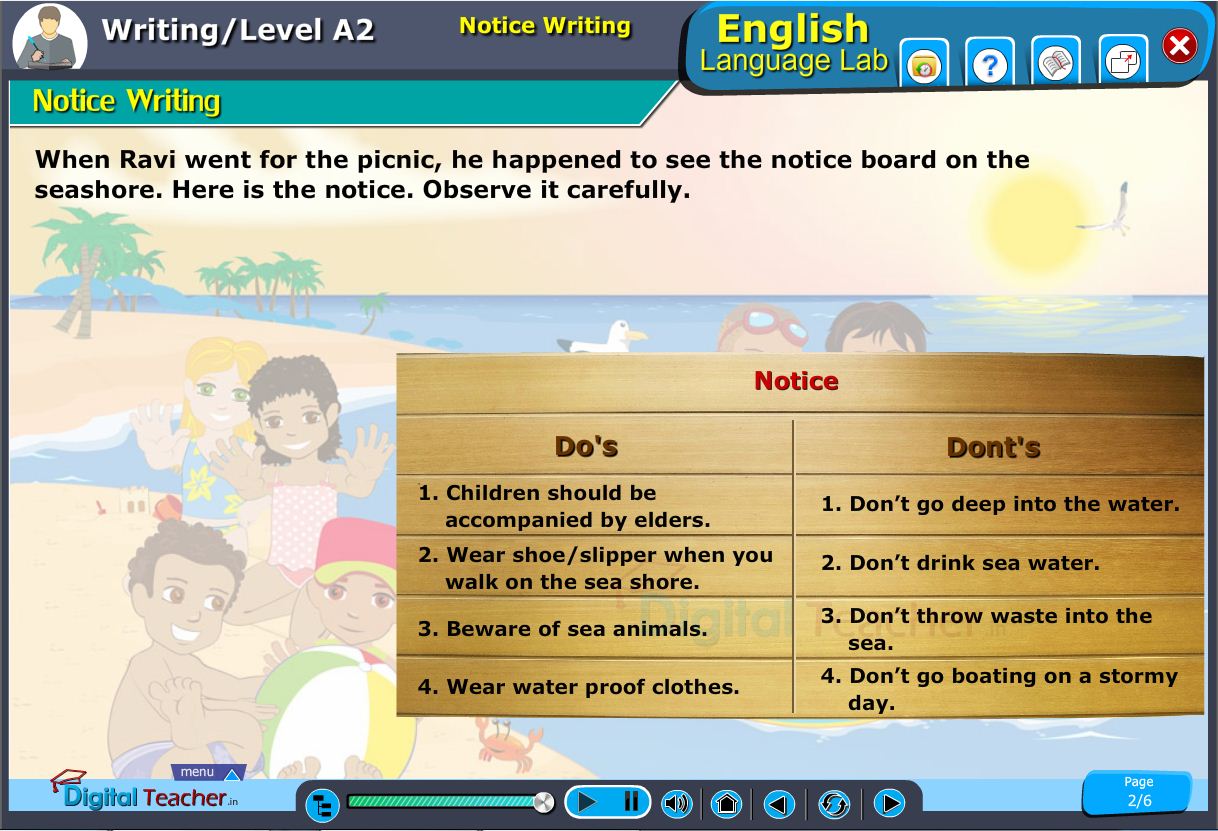 English language lab writing infograhic provides a practical activity on the do's and dont's to be followed while writing notice