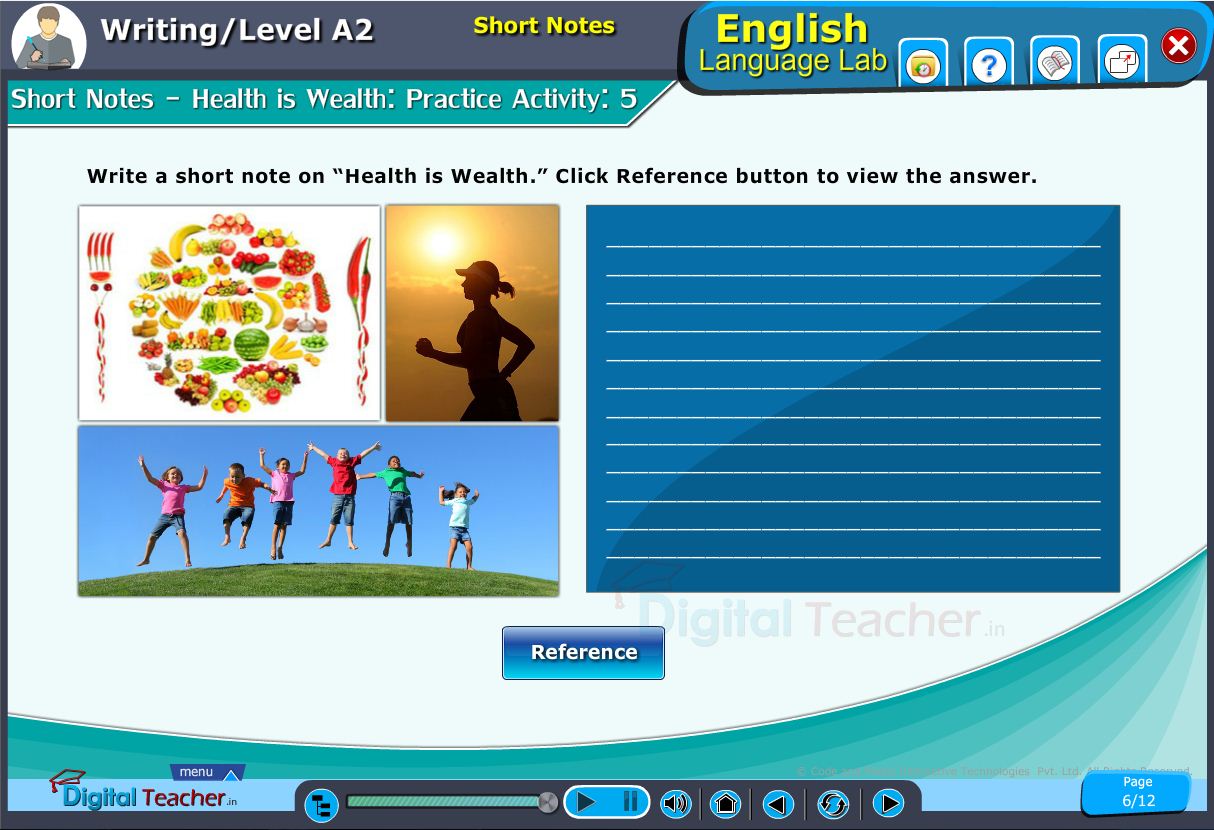 English language lab writing infograhic provides a practical activity on short notes about health is wealth