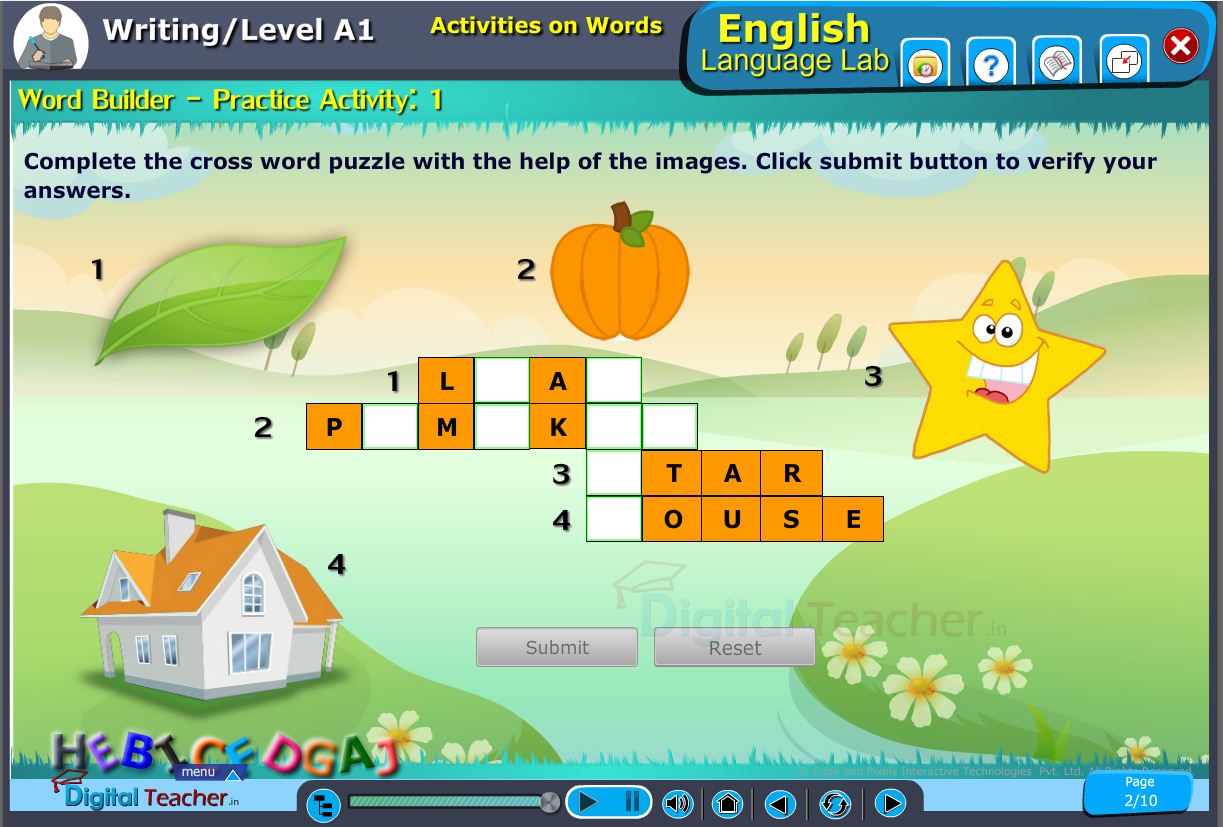 English language lab writing infograhic provides a practical activity to build a word in the puzzle with the help of images displayed