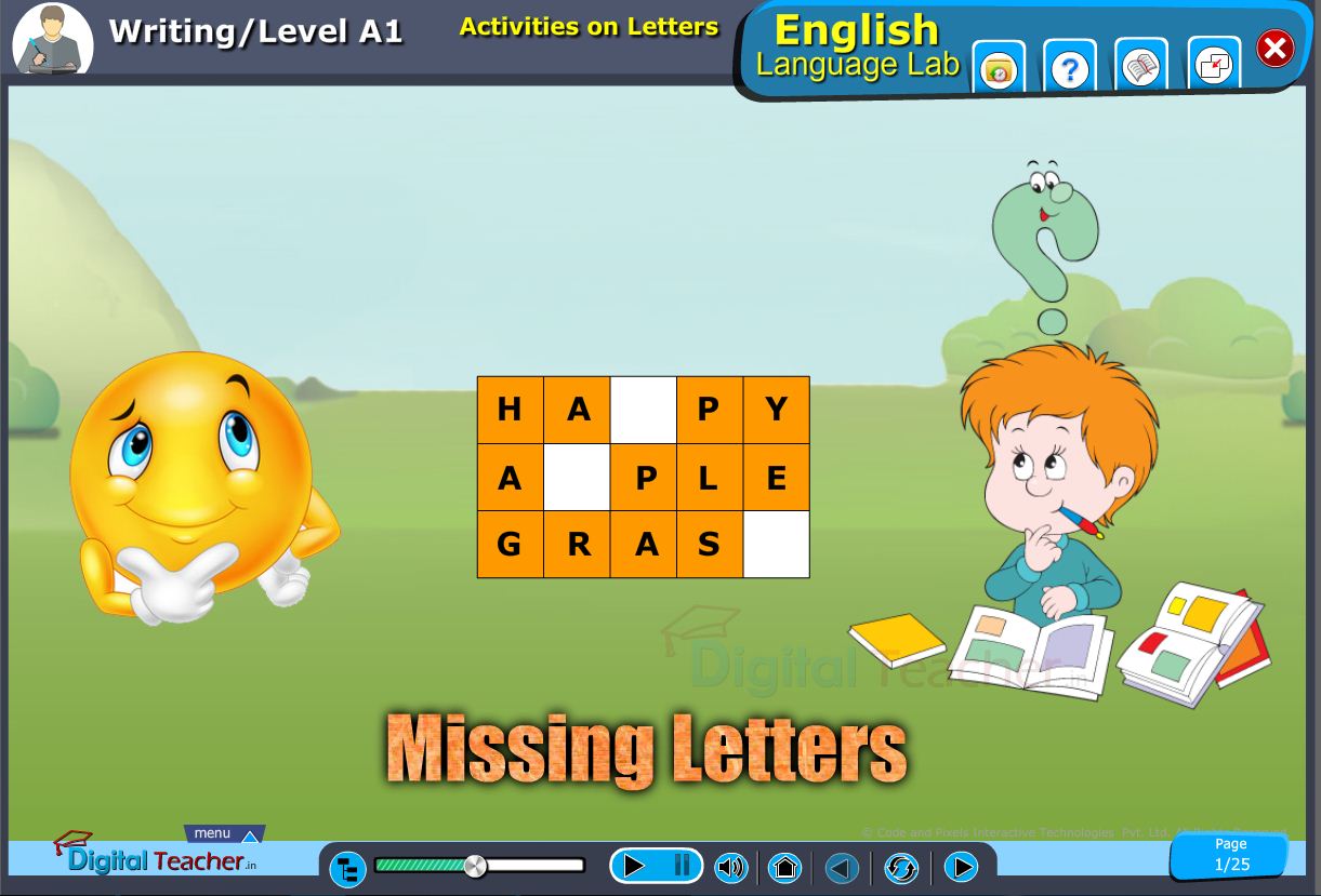 English language lab writing infograhic provides a practical activity on missing letters