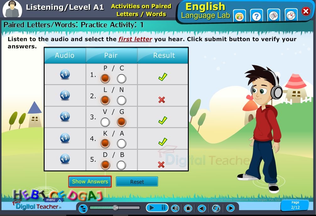 Paired english letters or words on english language lab practical activity