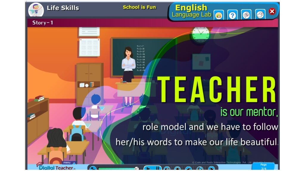 Teacher guiding students in a digital classroom - English Language Lab