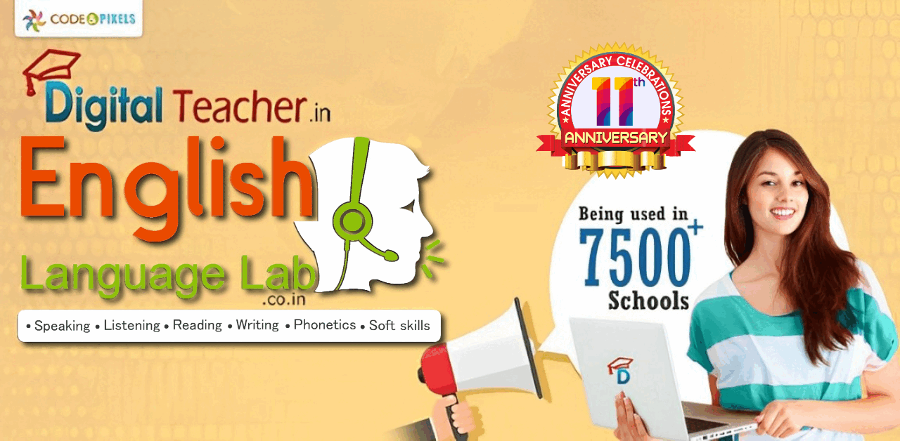 The image shows a smiling girl using English language lab software on her laptop. and the English lab website and logo of the English lab displayed on it.