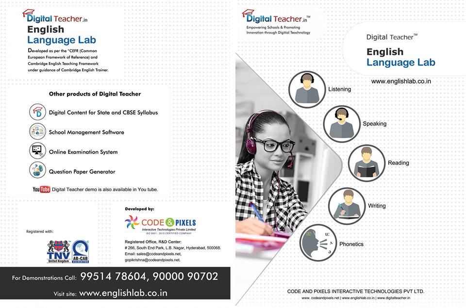 The Digital Teacher English Language Lab flyer showcases its features, contact information, and language skills development icons.