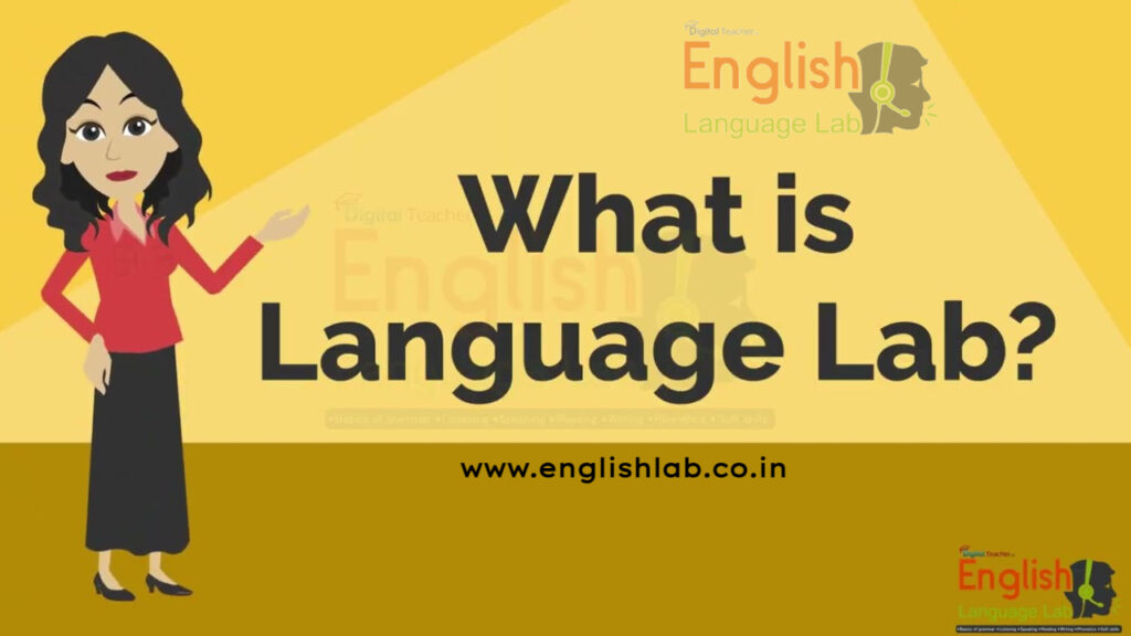 A poster for the "English Language Lab" with a cartoon pointing at the words "What is LANGUAGE LAB?"