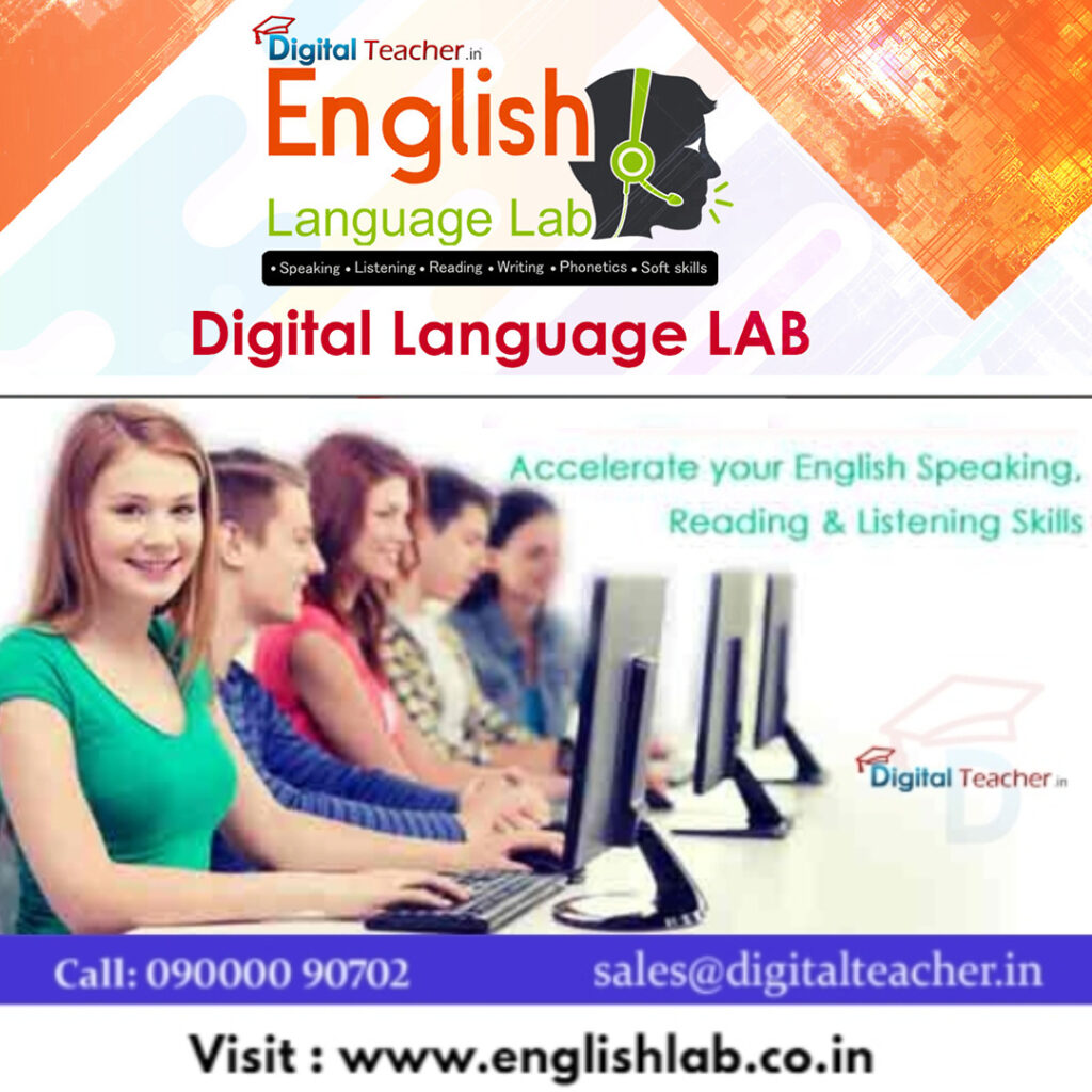 “Digital Language Lab” promoting English language learning. It features individuals using computers