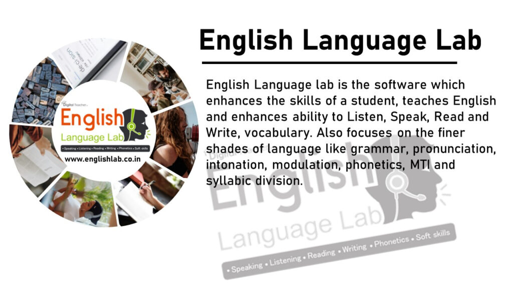 The image you shared promotes the “English Language Lab.” This software enhances students’ skills in LSRW.