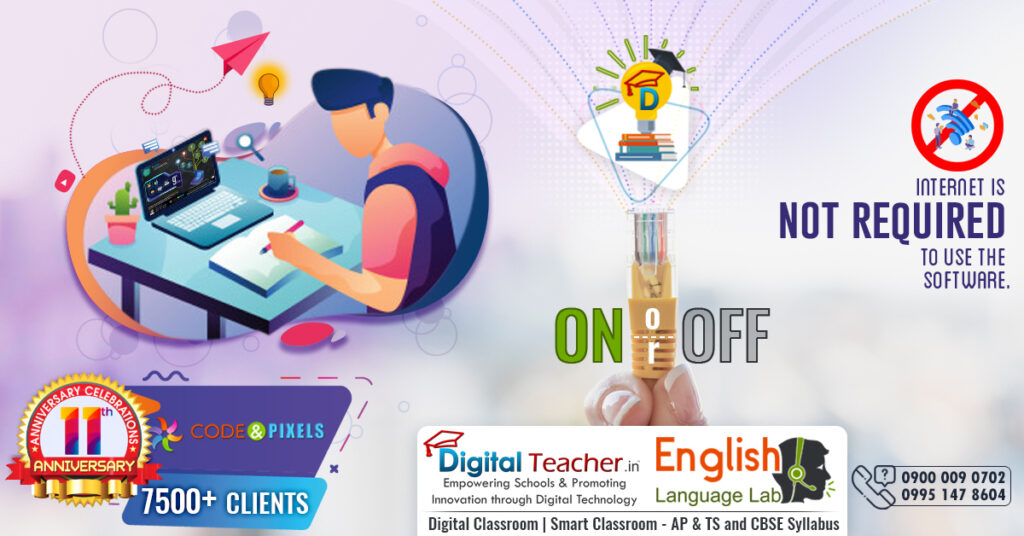 The image is an ad for “Digital Teacher English” language learning software, emphasizing that no internet connection is needed.