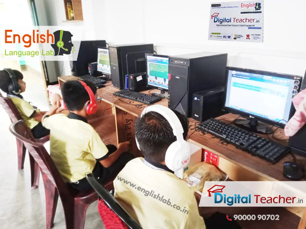 Students in a language lab using computers and headphones with software to enhance English vocabulary.